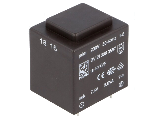 Transformator: ingegoten; 3,6VA; 230VAC; 7,5V; 480mA; PCB; BVEI Transformator: ingegoten; 3,6VA; 230VAC; 7,5V; 480mA; PCB; BVEI